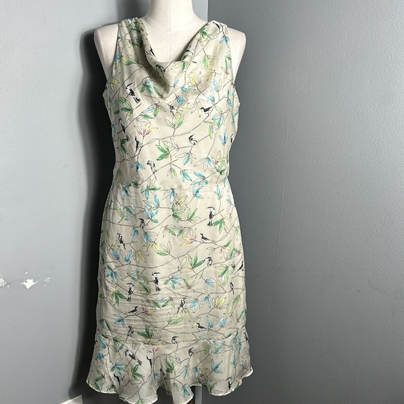 The Limited A-line Chiffon dress Light Lime Green with Leave and Bird Print sz 8 - Picture 3 of 13